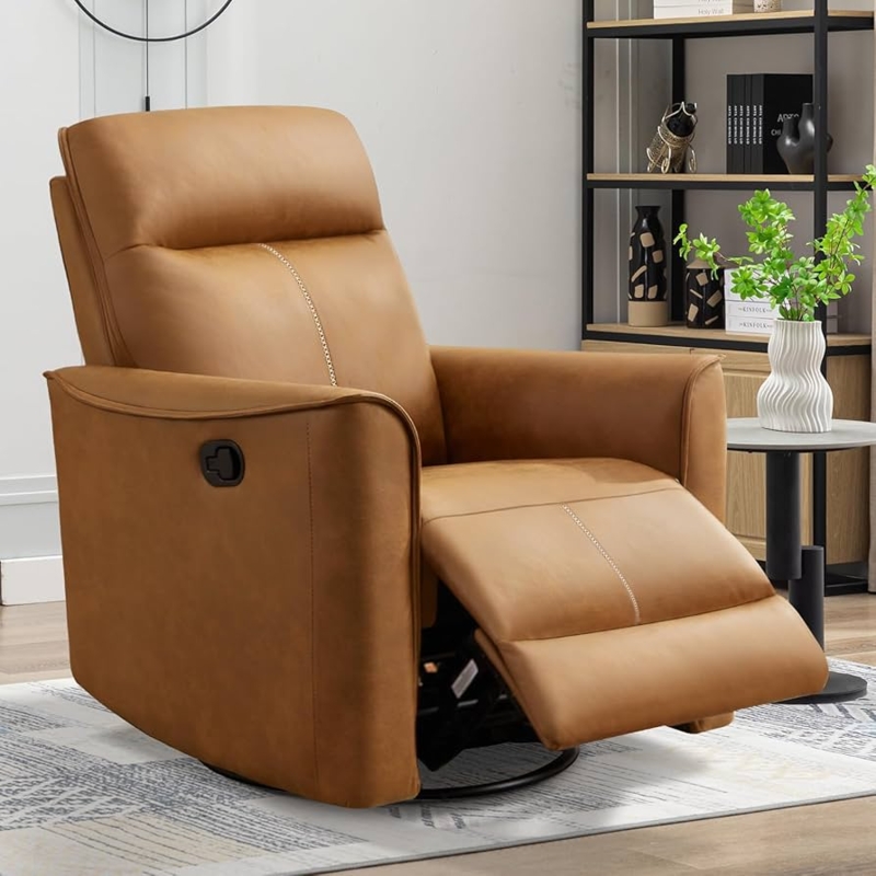 Camel Swivel Recliner with Contrast Stitching and Manual Rocker Base