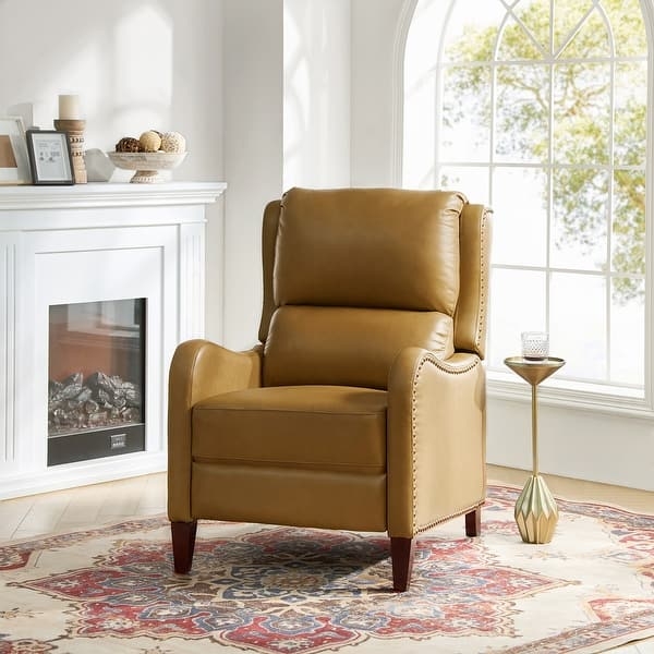 Camel Tan Recliner with Tiered Backrest and Nailhead Trim