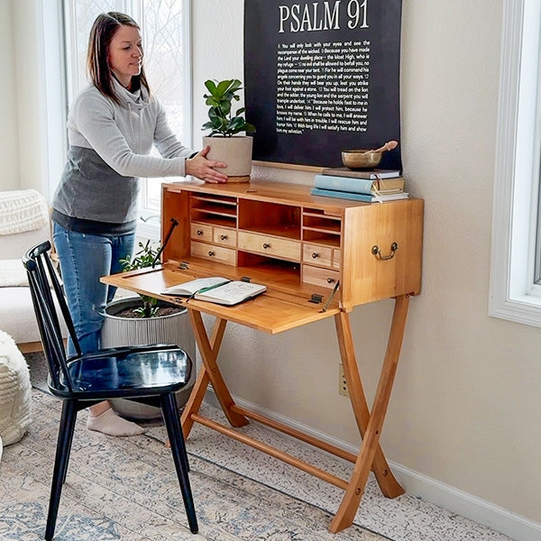 Campaign Style Secretary Desk: X-Frame Base, Side Handles, Warm Honey