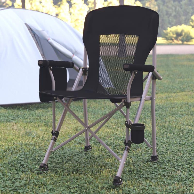 Camping Chair Breathable Mesh Center, High Back Support, Charcoal Black