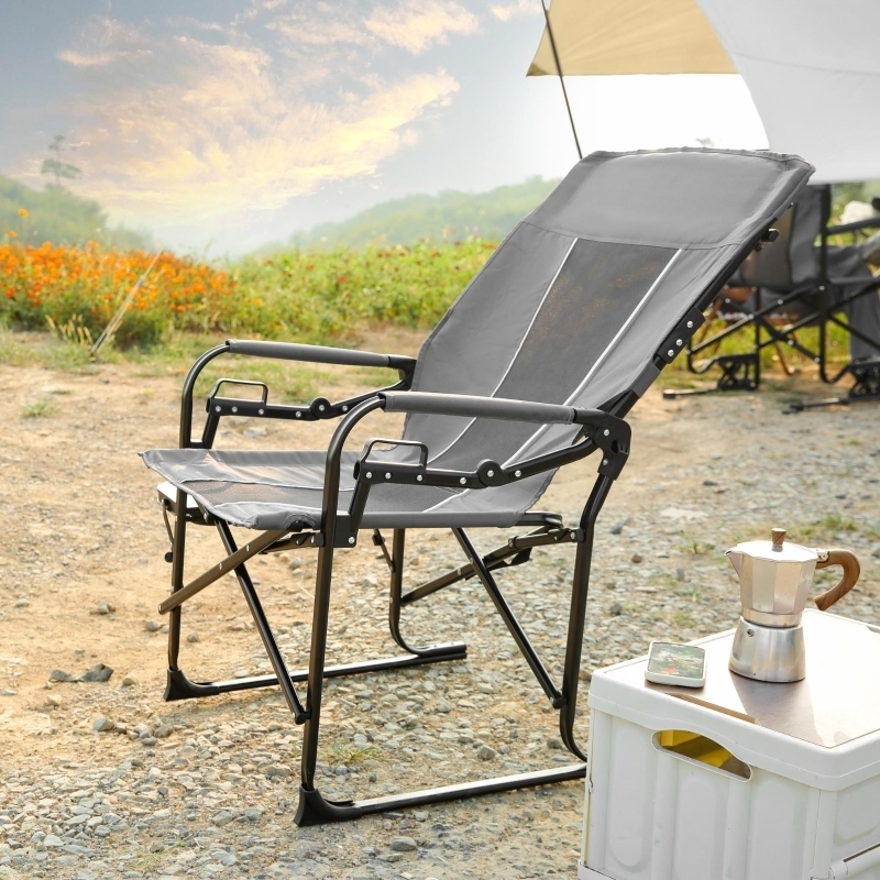 Camping Chair Charcoal Grey Fabric, White Stitching, High Backrest