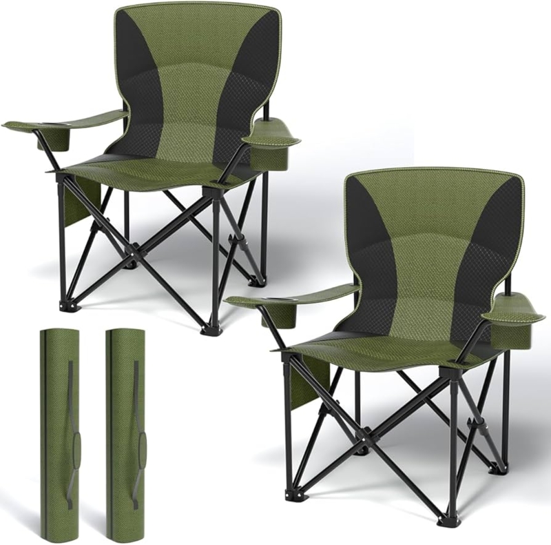 Camping Chairs Olive Green, Dual Storage Pockets, Oversized Backrest