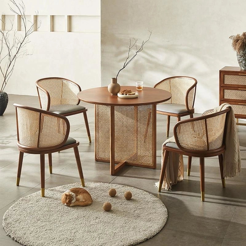 Cane Webbing Inlay Round Dining Table with Cross Base