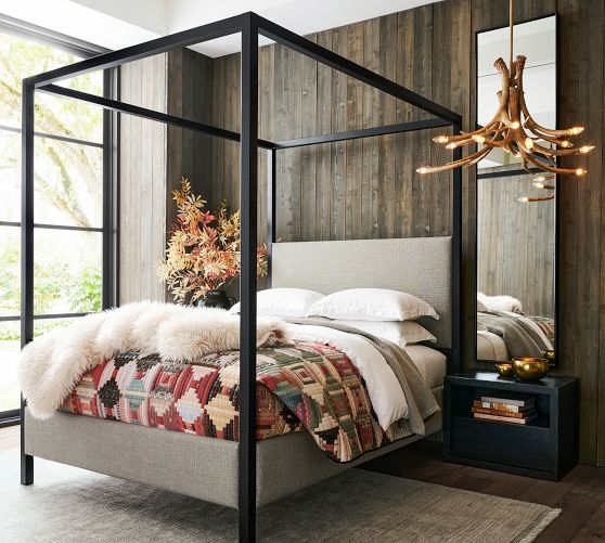 Canopy Bed Metal Frame Upholstered Headboard Matte Black Finish