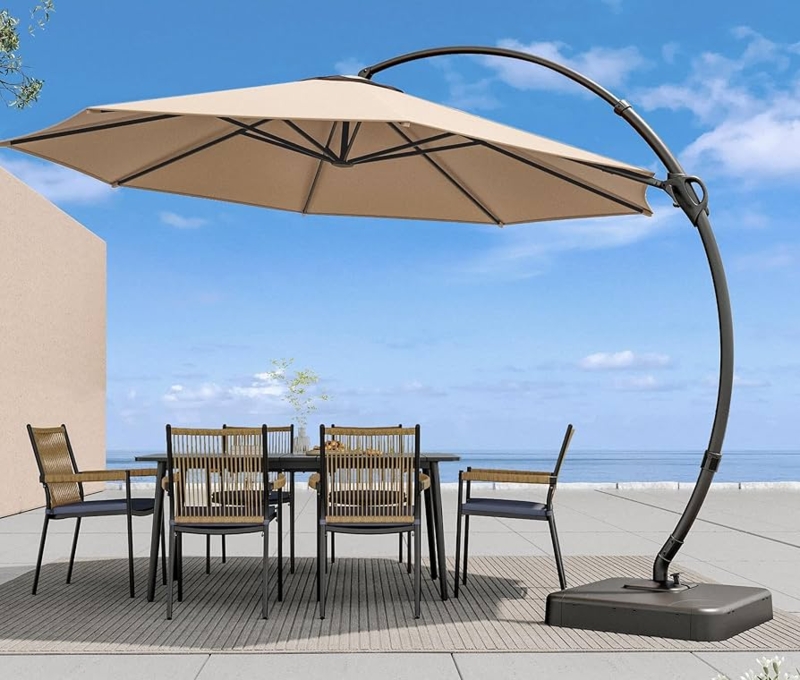 Cantilever Umbrella Curved Arm, Weighted Base, Beige Coastal Style.