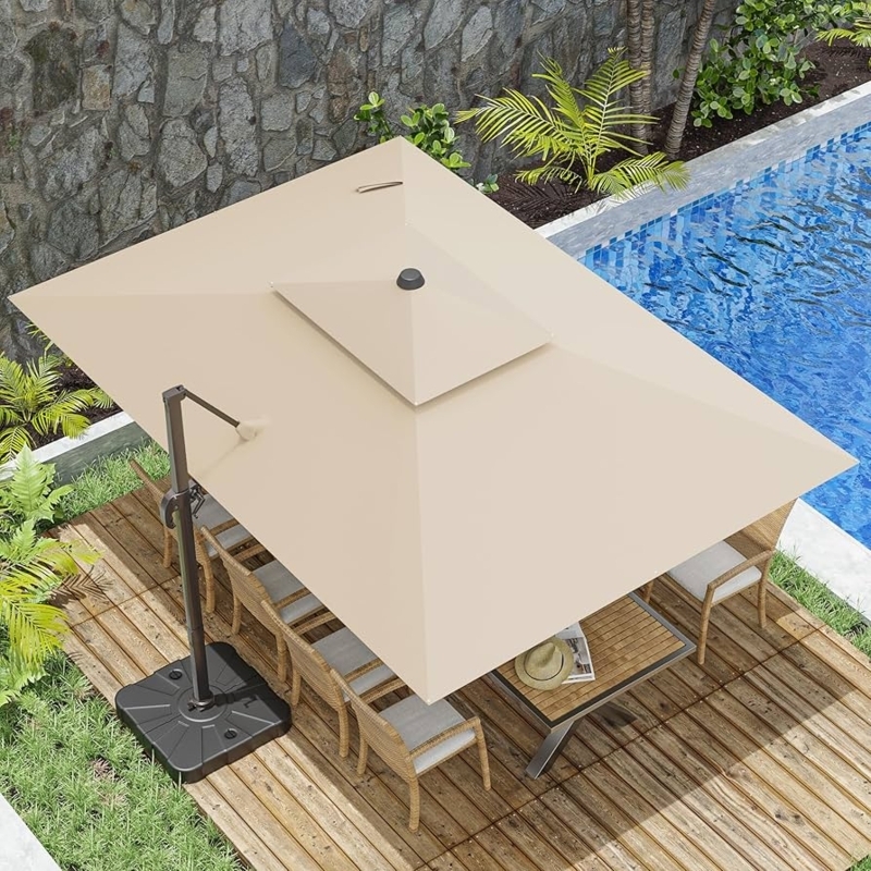 Cantilever Umbrella Offset Pole, Rectangular Beige Shade, Crank Lift.