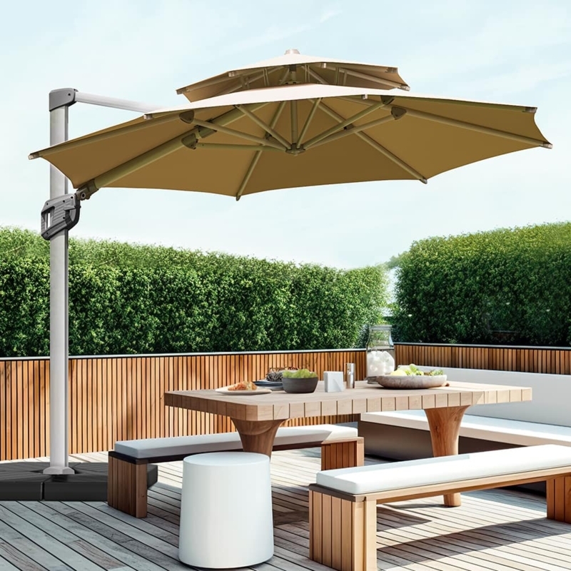 Cantilever Umbrella Sculptural Pedestal Legs, Double Tier Tan Beige.