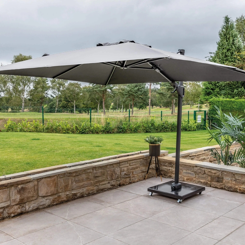 Cantilever Umbrella Six Ribs, Wheeled Base, Matte Powder Coated Finish.