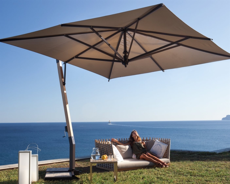 Cantilever Umbrella Wood Toned Pole, Square Taupe Canopy, Coastal Style.