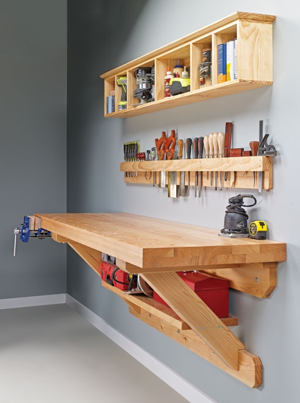 Cantilevered Wooden Wall Mounted Workbench with Integrated Vice