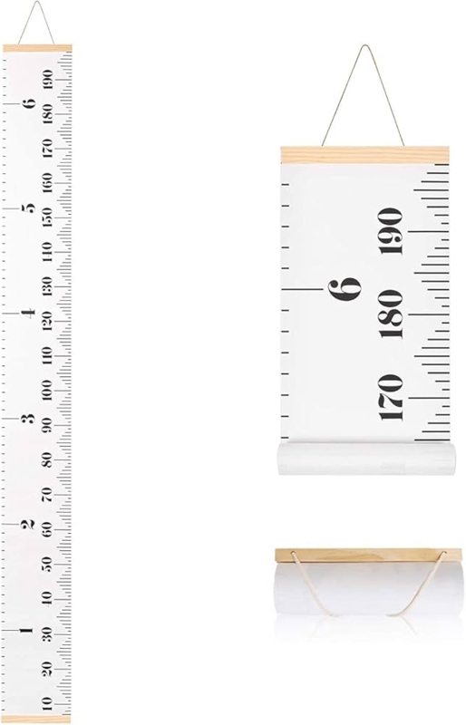 Canvas Growth Chart White with Wooden Bars and Rollable Storage