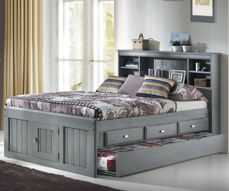 Captains Bed Weathered Gray Finish with Footboard Cabinet Door