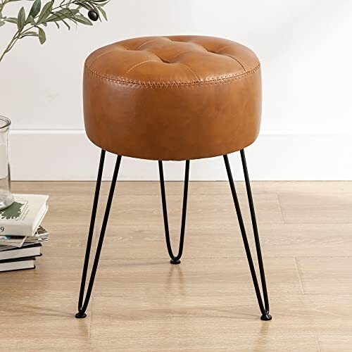 Caramel Brown Vanity Stool Button Tufted Hairpin Legs Industrial