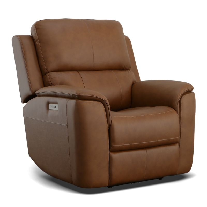 Caramel Leather Power Recliner with Lumbar Seam and Track Arms