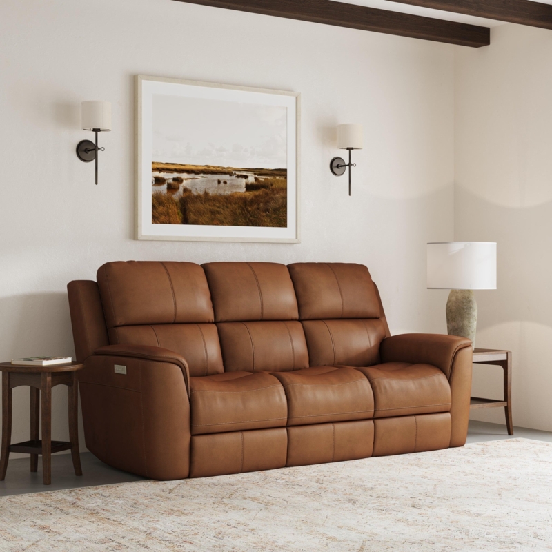 Caramel Leather Power Reclining Sofa with Power Lumbar and Headrests