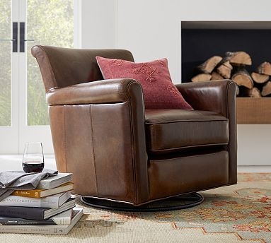 Caramel Leather Swivel Armchair Rolled Arms Pebbled Finish