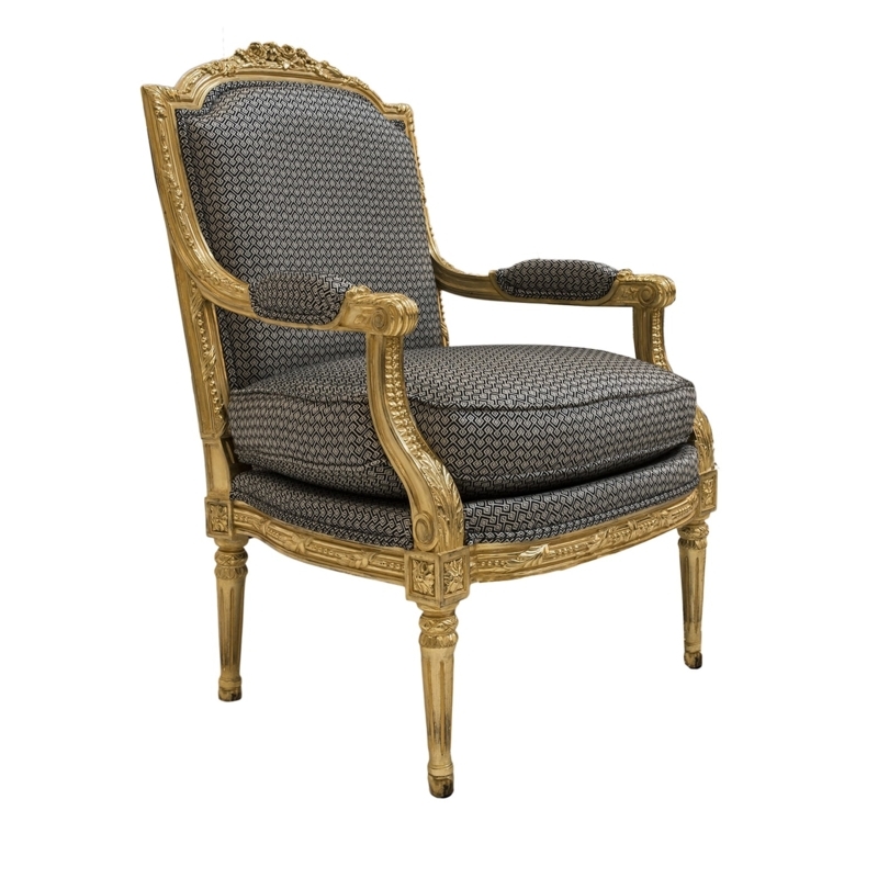 Carved Fauteuil Armchair with Geometric Upholstery and Gilded Frame