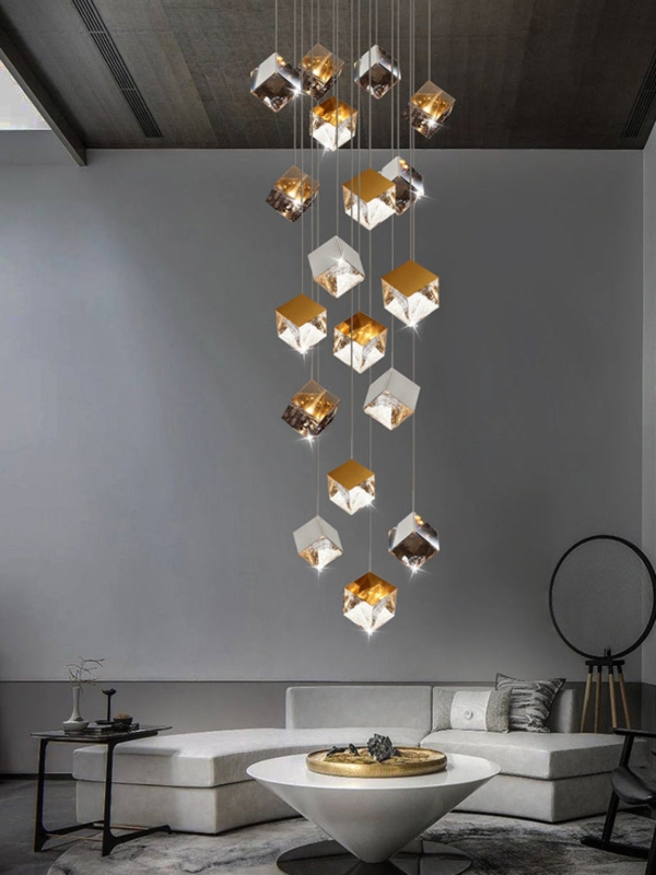 Cascading Chandelier with Textured Glass Cubes and Mixed Metal Finish
