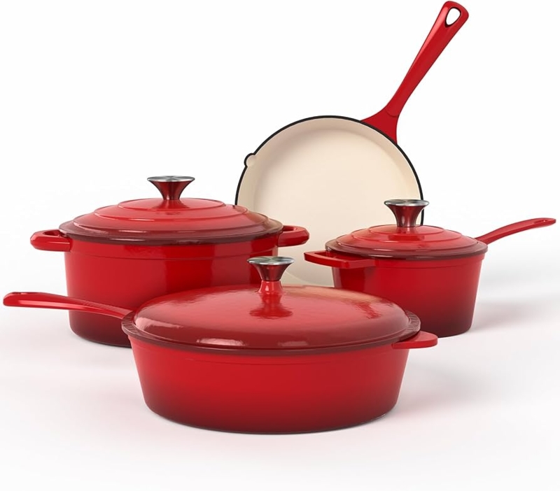Cast Iron Kitchen Set featuring Concentric Lid Rings and Red Gradient