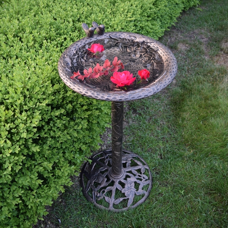 Cast Iron Outdoor Birdbath with Ornate Cutout Base and Hummingbirds