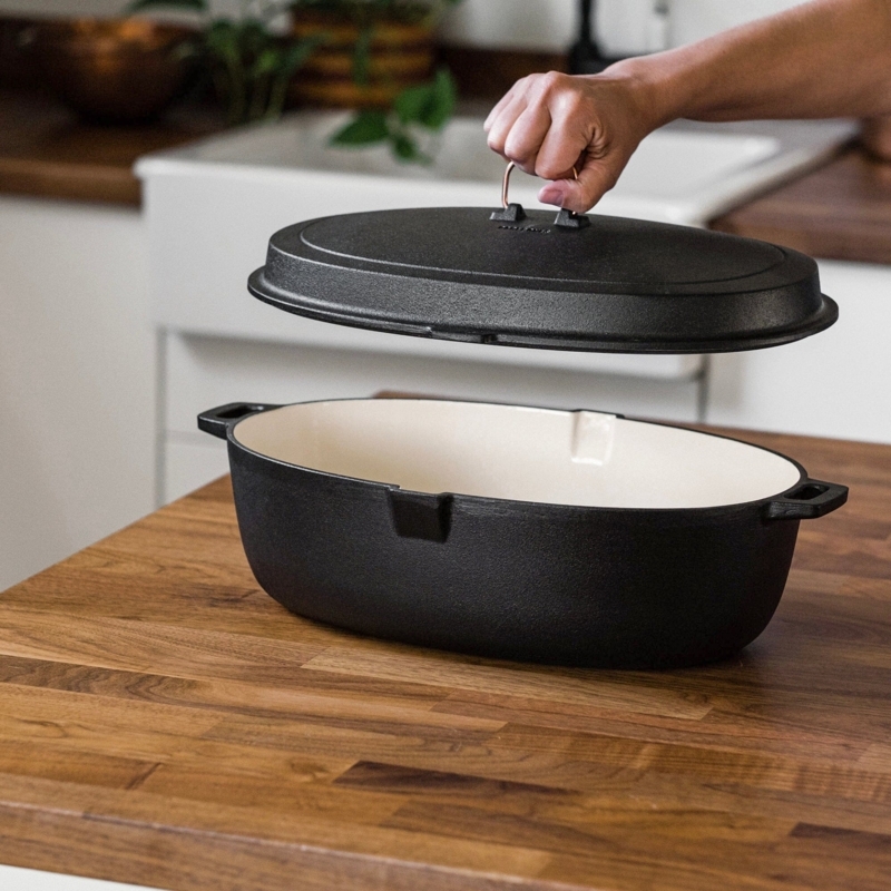 Cast Iron Roaster Matte Black Copper Handle Enamel Lined