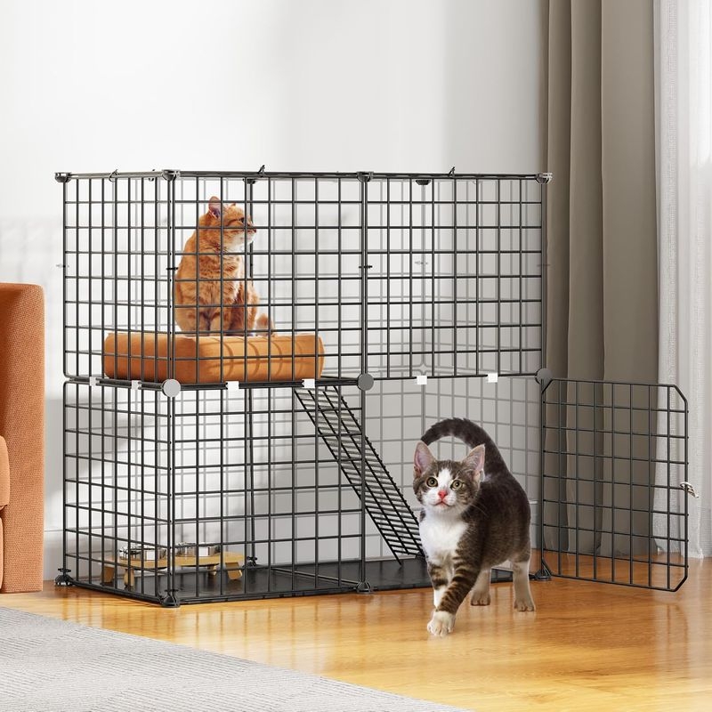 Cat Cage 2-Tier Metal Wire with Burnt Orange Upholstered Cushion