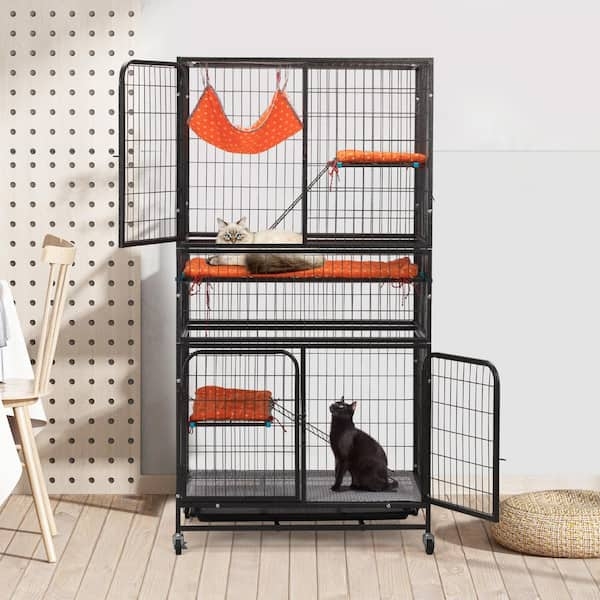 Cat Cage 4-Tier Wire Enclosure with Vibrant Orange Accents on Wheels
