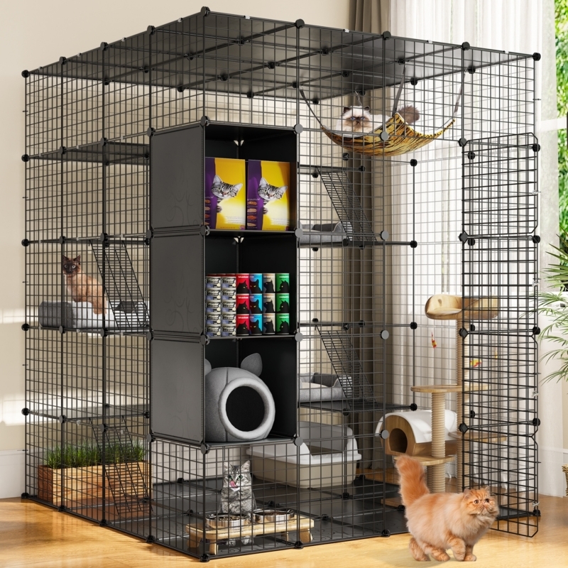 Cat Cage Five-Tier Wire Grid with Storage Cubes Modular Design