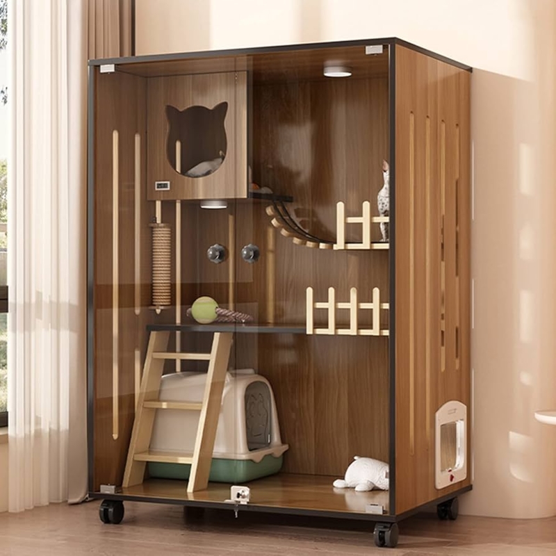 Cat Cages Indoor With Litter Box Enclosed Cat Condo,Large Cat Enclosures  Indoor Wooden Cat House, Multi Cat Villa Indoor With Enclosed Litter Box