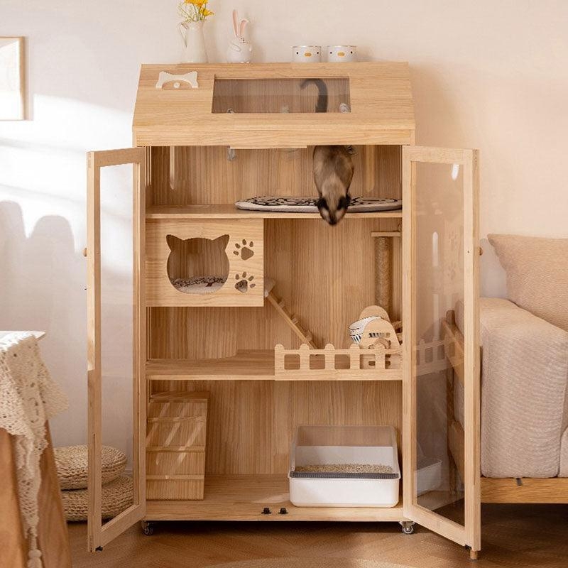 Cat Condo Luxury Wood Villa with Double Glass Doors and Pitched Roof