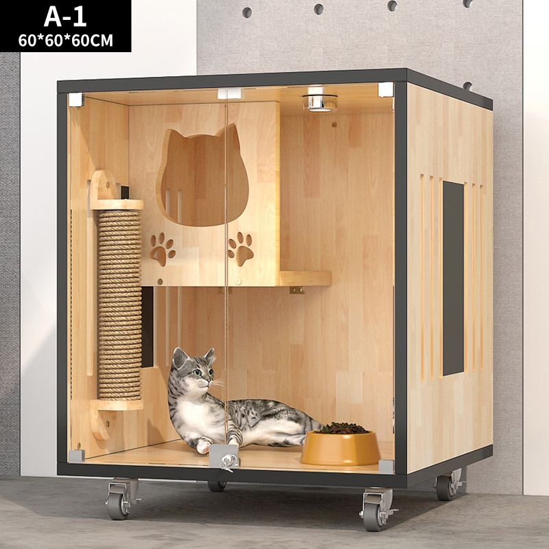 Cat Condo Modern Light Wood Cube with Locking Glass Door and Cutout