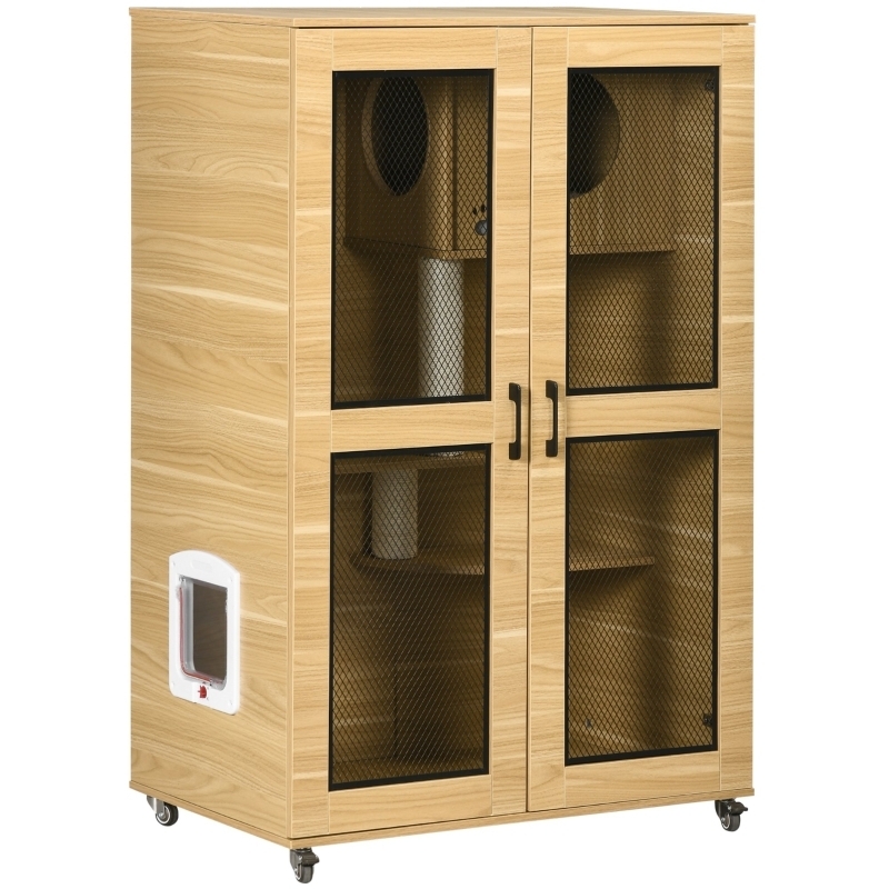 Cat Enclosure Cabinet Style Oak Finish with Black Mesh Doors