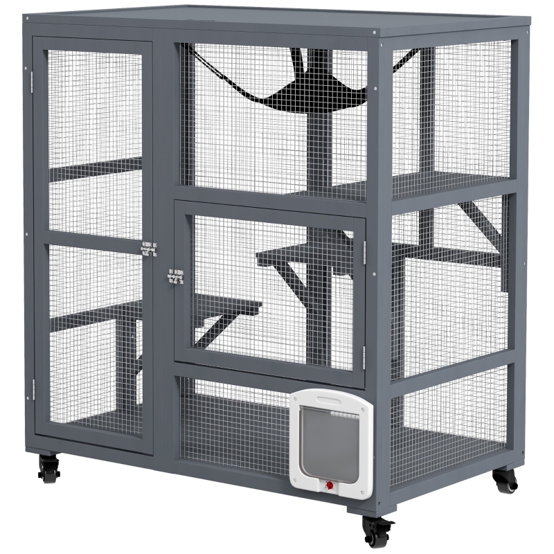 Cat Enclosure Charcoal Grey with Cat Flap and Locking Casters