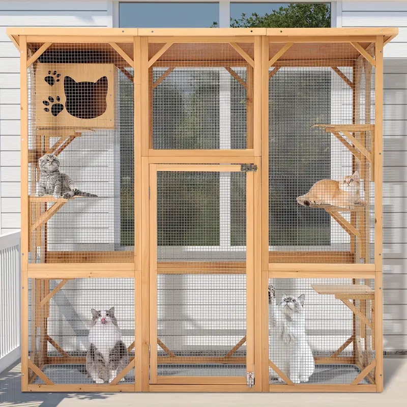 Cat Enclosure Large Outdoor Natural Wood Three-Bay Design with Mesh
