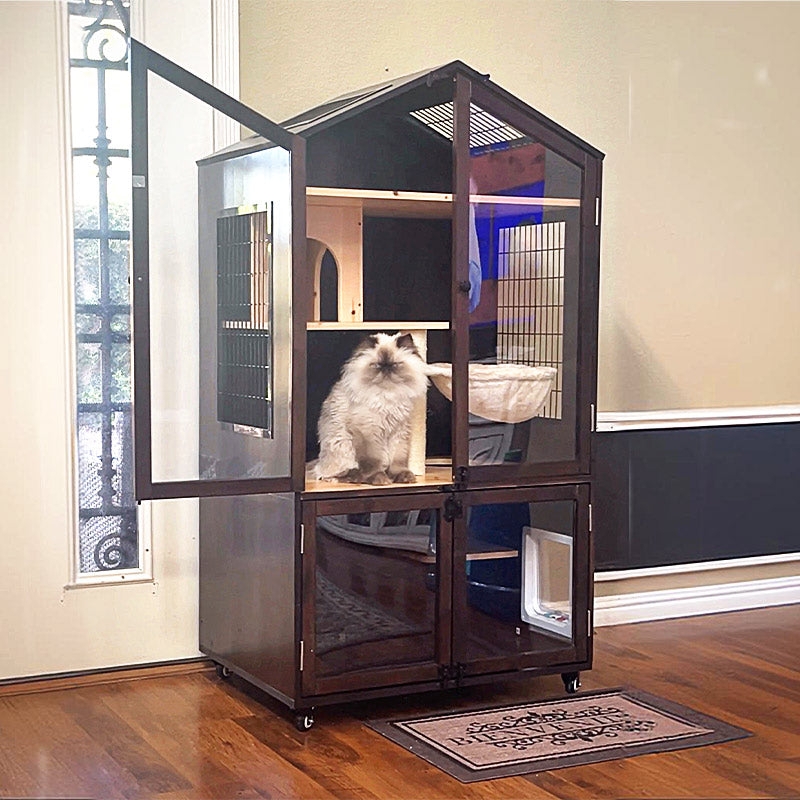 Cat Enclosure Pitched Roof Dark Walnut Furniture with Integrated Hammock