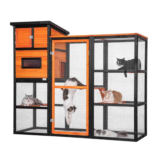 Cat Enclosure Vibrant Orange Wood and Matte Black Wire Multi-Level