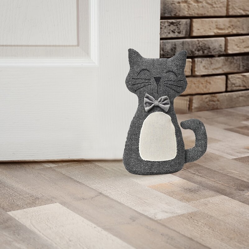 Cat Fabric Doorstop Herringbone Pattern with Gray Satin Bow Tie