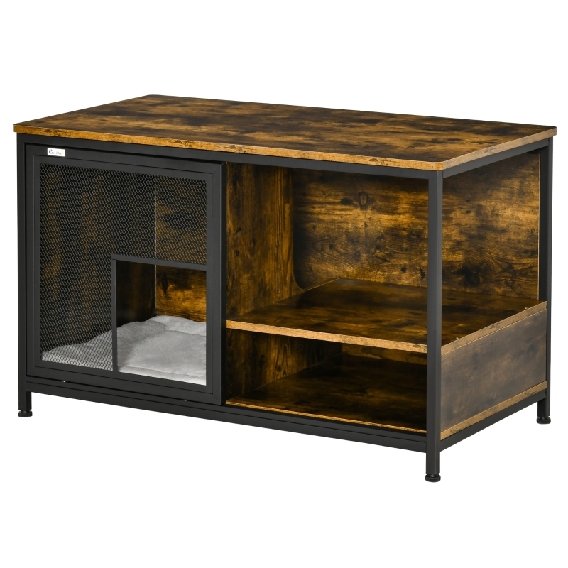 Cat Kennel End Table Style Walnut Wood with Sliding Mesh Door