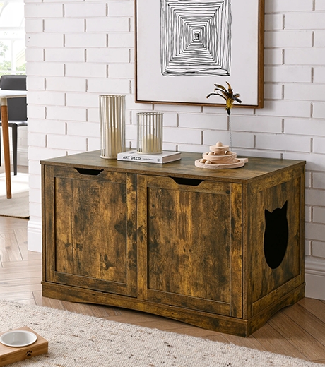 Cat Litter Box Enclosure Distressed Rustic Wood with Cat Head Entry