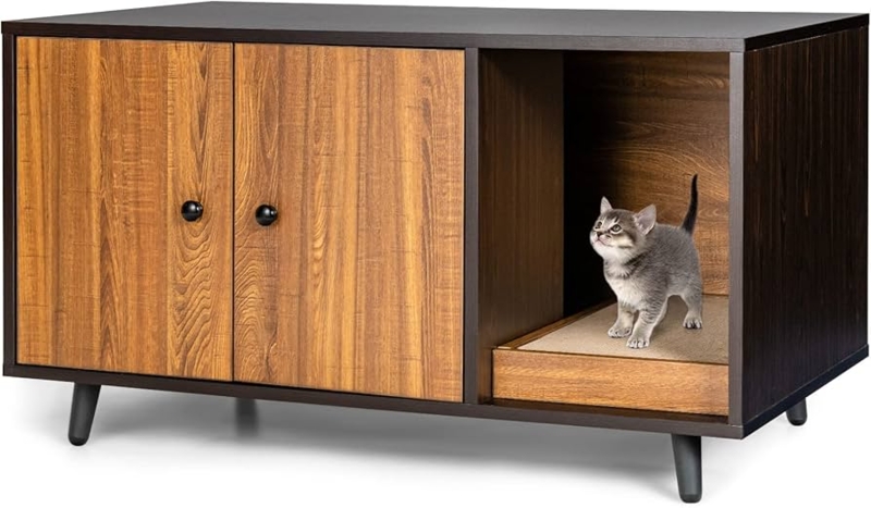 Cat Litter Box Enclosure Integrated Scratching Pad Mid-Century Walnut