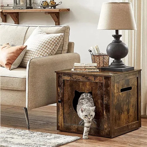 Cat Litter Box Enclosure Side Table with Cat Head Cutout Rustic Wood