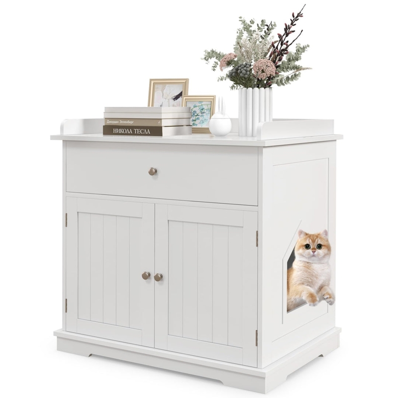 Cat Litter Box Enclosure White Shaker Style Doors Top Storage Drawer