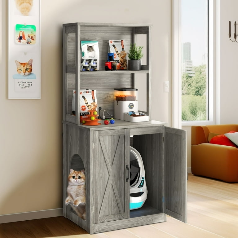Cat Litter Box Enclosure with Integrated Charging Station Gray Hutch