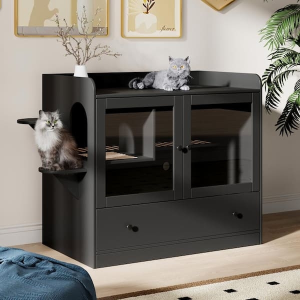 Cat Litter Box Furniture with Glass Display Doors Matte Black Finish
