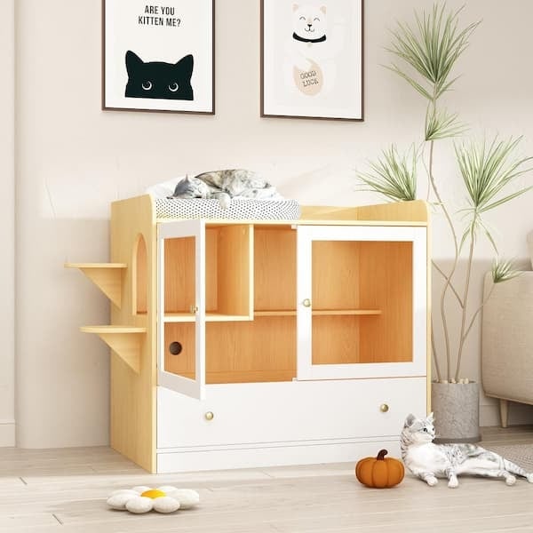 Cat Litter Enclosure with Integrated Climbing Stairs White and Wood Finish