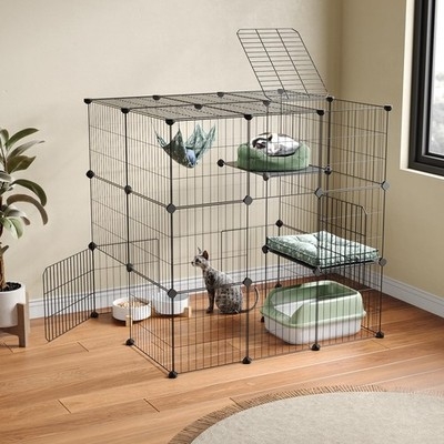 Cat Playpen Sage Green Bedding Modular Wire Multi-Tier