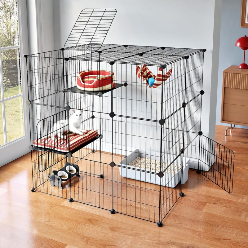 Cat Playpen Wire Grid with Crimson Red Striped Bedding & Hammock