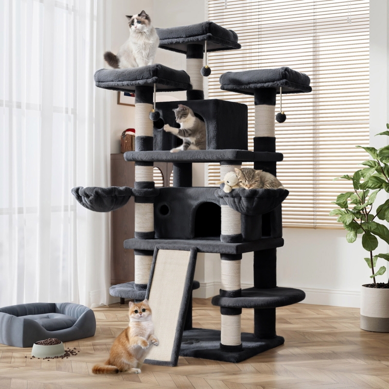 Cat Tower Charcoal Blue with Scratching Ramp and Side Hammocks