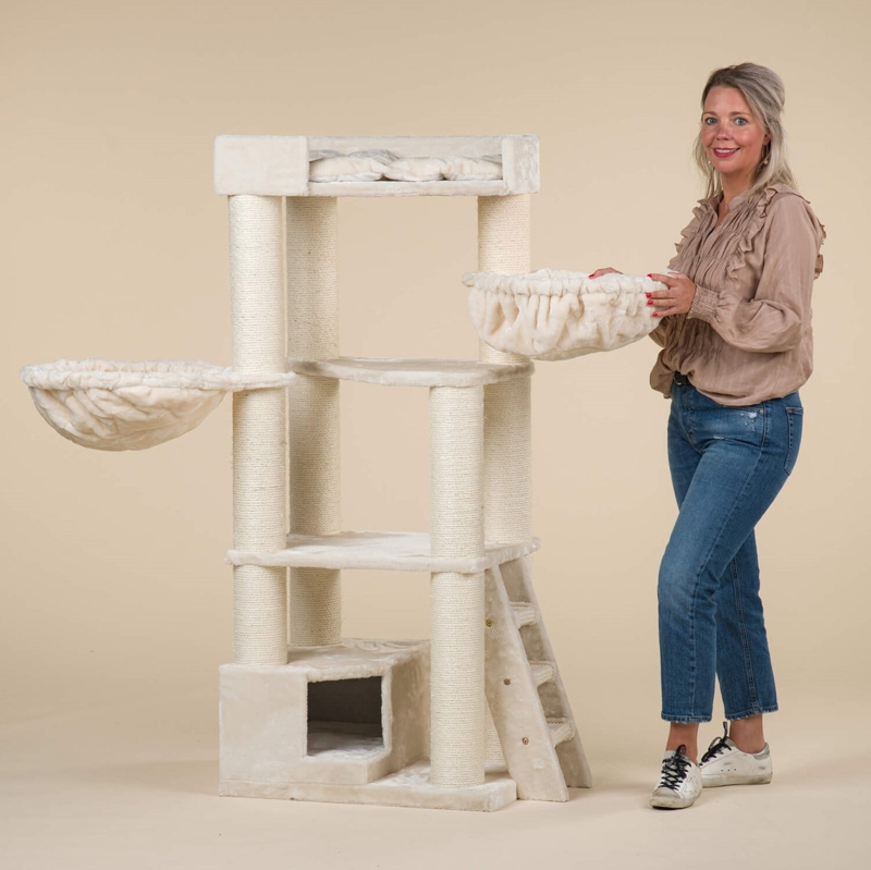 Cat Tree Beige Corner Design with Plush Hammocks and Cat Cave