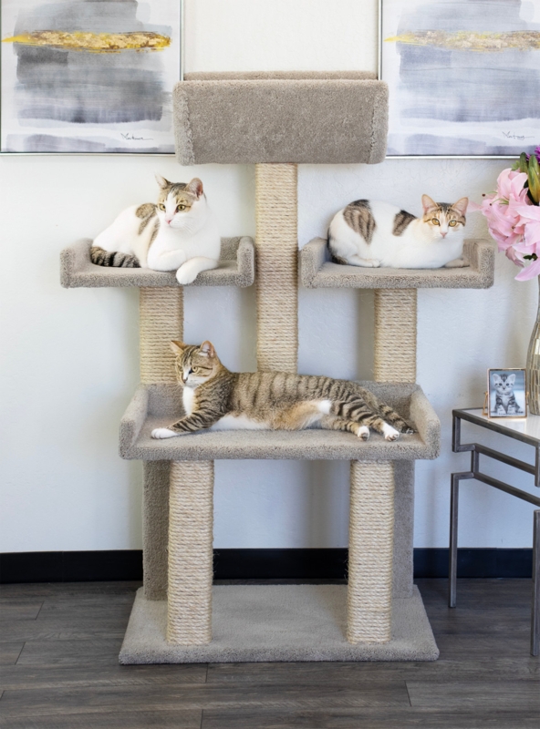 Cat Tree Beige Plush with Rectangular Tiers and Heavy Base